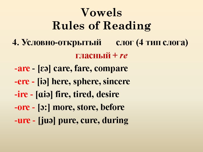 Vowels Rules of Reading 4. Условно-открытый  слог (4 тип слога) гласный + re